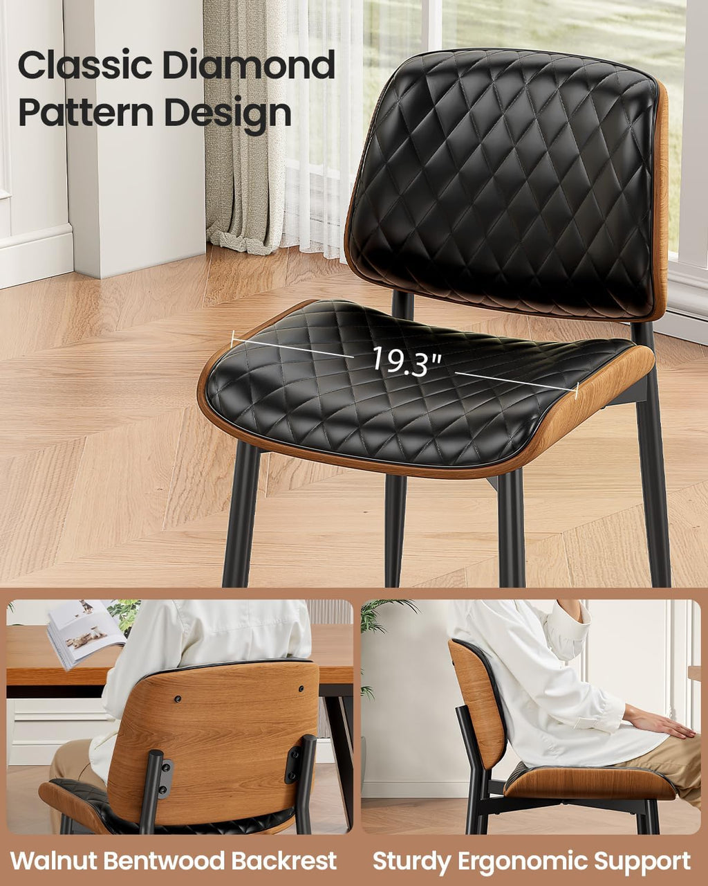 REONEY Dining Chairs Set of 2, Mid-Century Modern Upholstered PU Leather Chairs with Walnut Back and Metal Legs Adjustable Feet for Kitchen Dining Room, Black Diamond Plaid