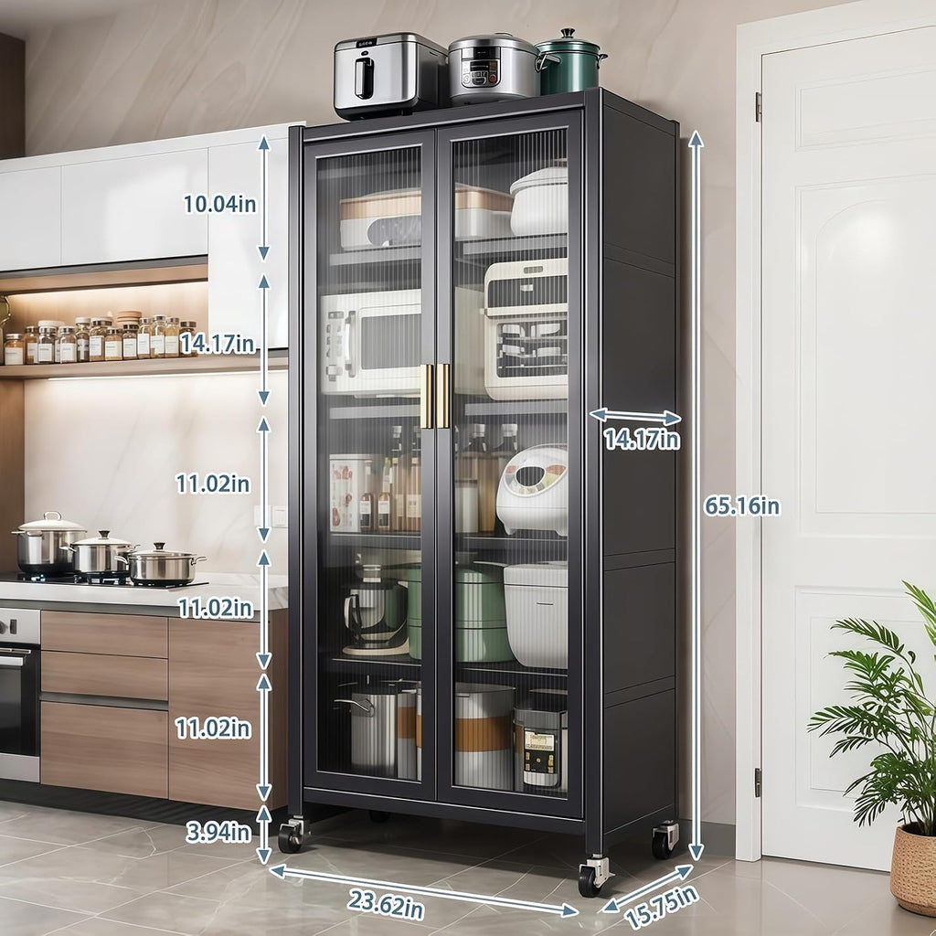 Freestanding Kitchen Pantry with 4 Shelves, Double Door with Gold Door Handle, Rectangular Metal Storage Cabinet, Modern Minimalist, for Living Room, Dining Room, Gray