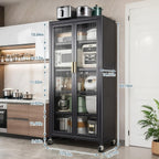 65" Kitchen Pantry Storage Cabinet, 6 Tier Metal Display Storage Cabinet with Transparent Door, Adjustable Shelves & Wheels, Food Pantries Cabinets, for Kitchen, Living Room and Dining Room, Gray