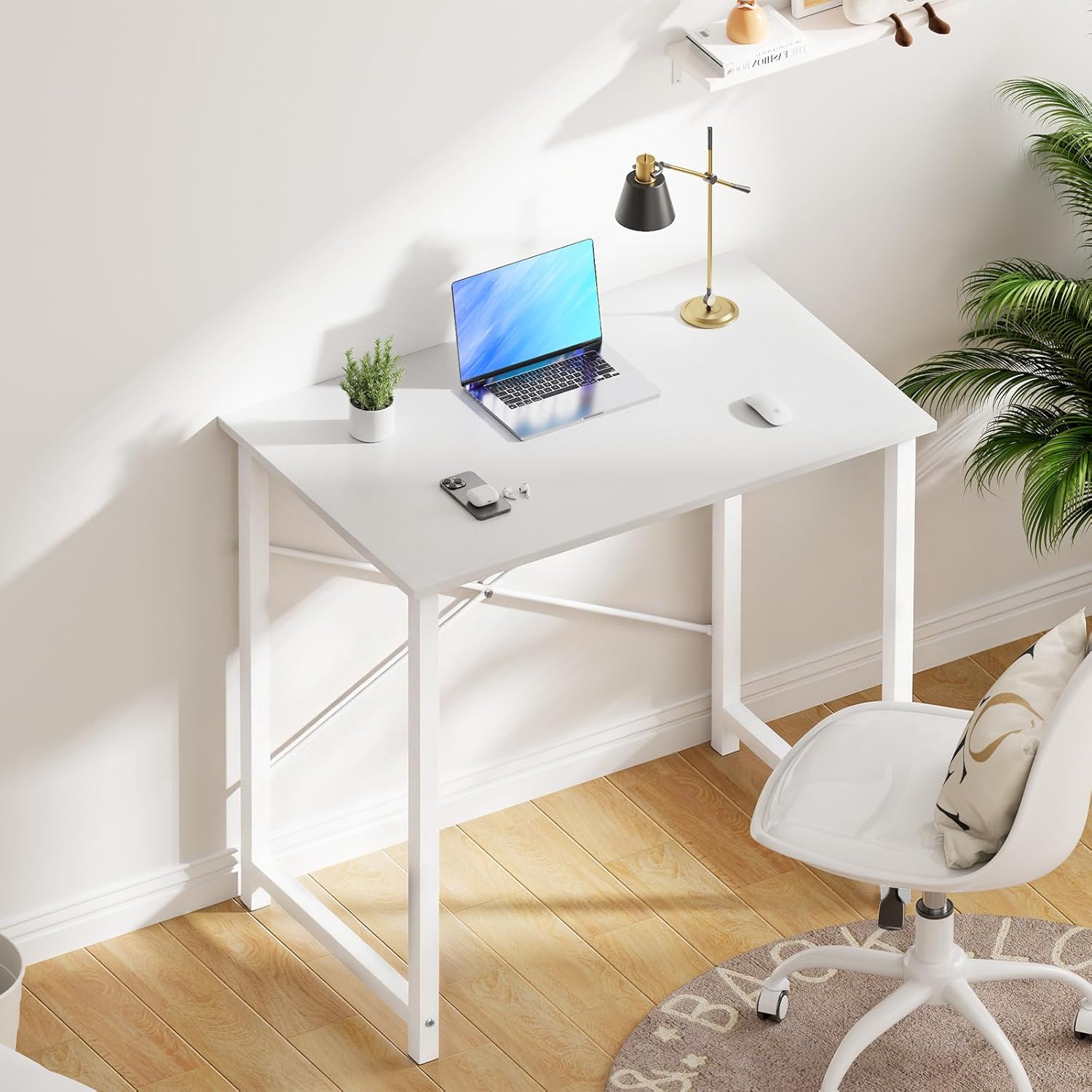 OLIXIS Home Office Computer Desk, Small Office 32-inch Writing and Study Desk, Bedroom Table with Metal Frame and Wooden Top, Compact Modern Study Table for Home Use, White