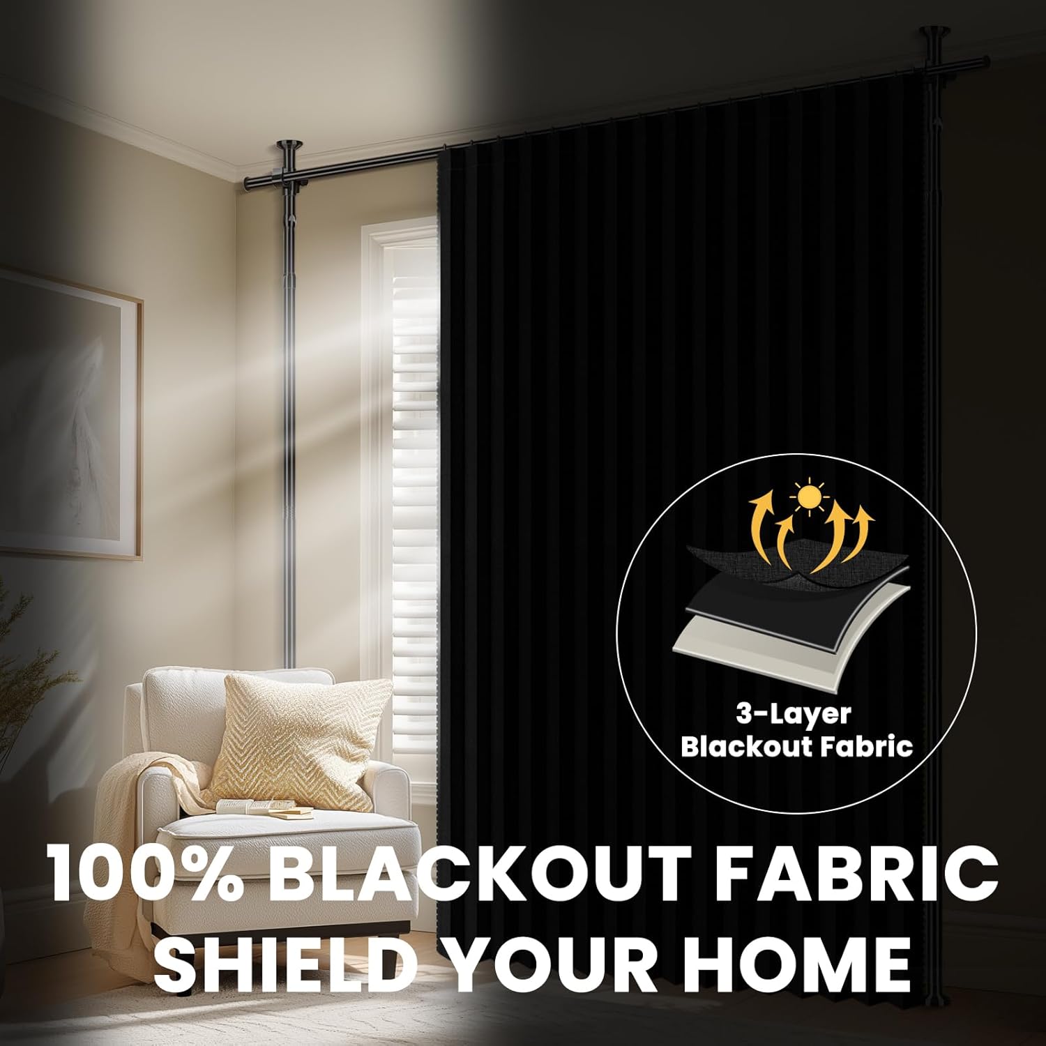 100% Blackout Room Divider Curtains Sets Black 2 Panels W100 x L84in No Drill Curtain Rods(H) 43-120×(W) 35-200 in for Studio Apartment Dorm Office