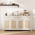 HOKYHOKY Rattan Sideboard Buffet Cabinet, Boho Storage Cabinet with Adjustable Shelves, Farmhouse Credenza Coffee Bar Cabinets with 4 Doors & 3 Drawers for Living Room, Hallway & Kitchen