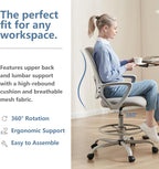 DUMOS Drafting Chair - Ergonomic Tall Office for Standing Desk, Counter with Height Adjustable and Comfortable Lumbar Support, Fixed Armrests, Grey