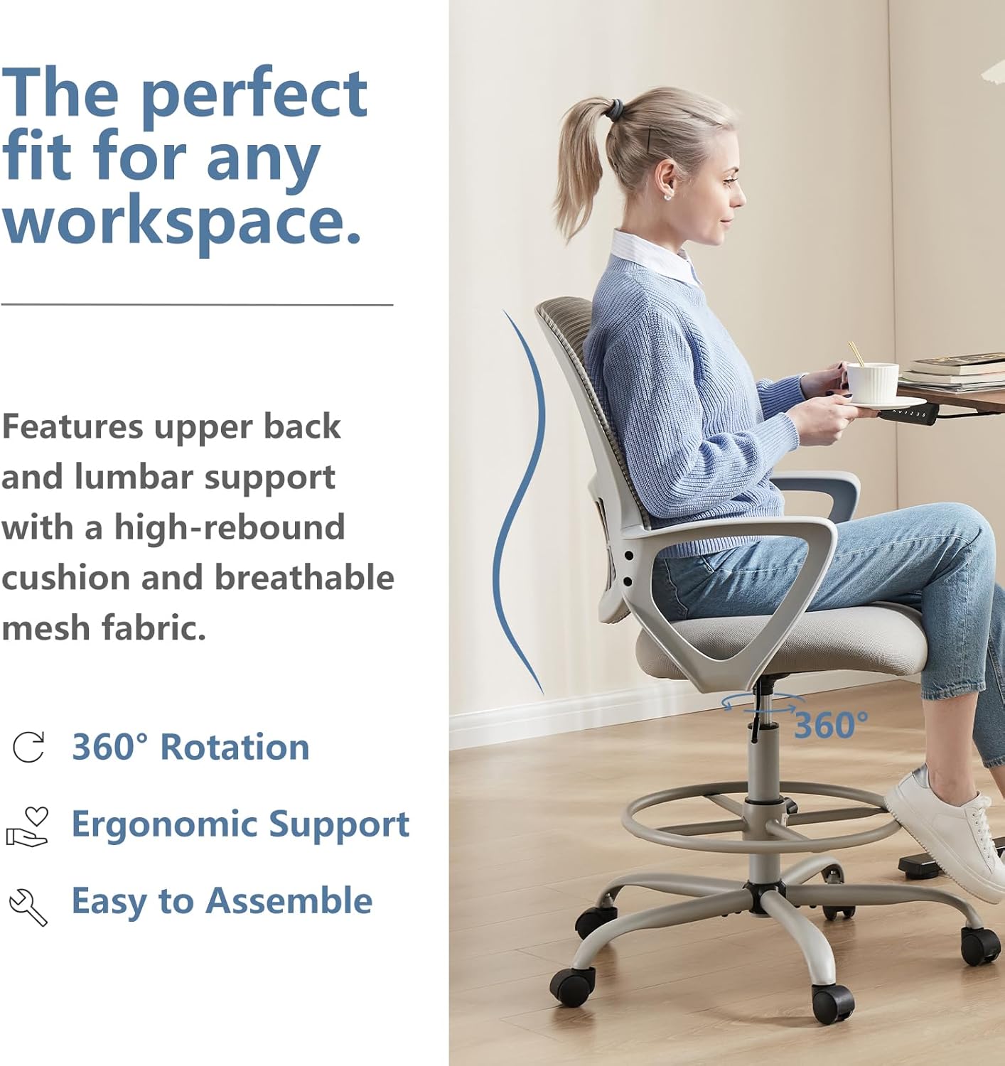 DUMOS Drafting Chair - Ergonomic Tall Office for Standing Desk, Counter with Height Adjustable and Comfortable Lumbar Support, Fixed Armrests, Grey