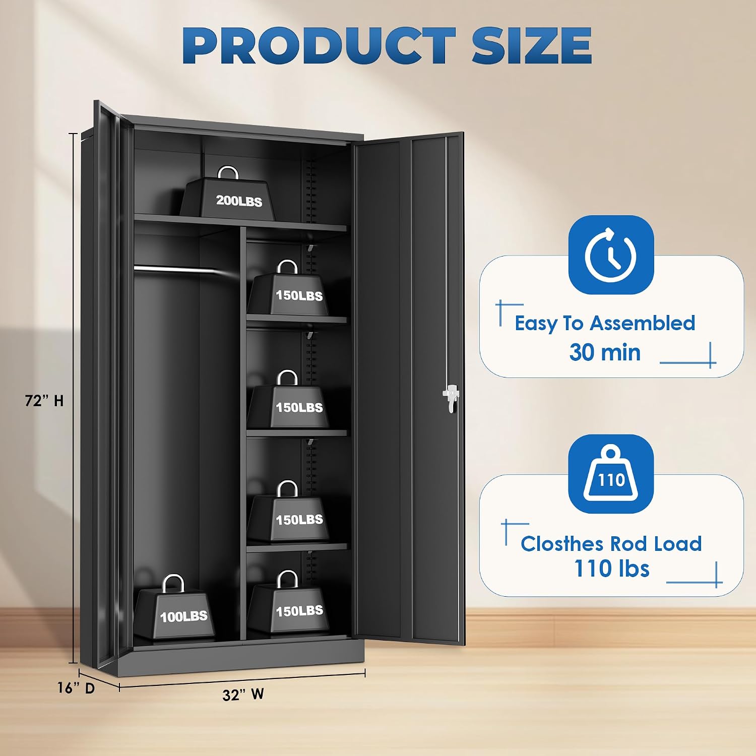 INTERGREAT Metal Wardrobe Cabinets with Lock, 72" Clothing Storage Cabinets with Hanging Rod and 4 Adjustable Shelves, Armoire Wardrobe for Office, School, Employee, Government, Black