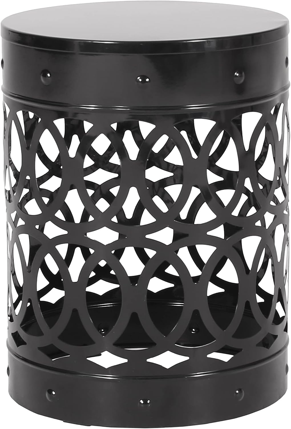 14" Powder-Coated Iron Bedside Table, Small Sofa Side Table with Cylindrical Shape, Small Sofa Couch Table with Circle Pattern for Indoor Outdoor use, Black