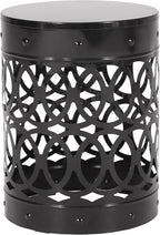 14" Powder-Coated Iron Bedside Table, Small Sofa Side Table with Cylindrical Shape, Small Sofa Couch Table with Circle Pattern for Indoor Outdoor use, Black