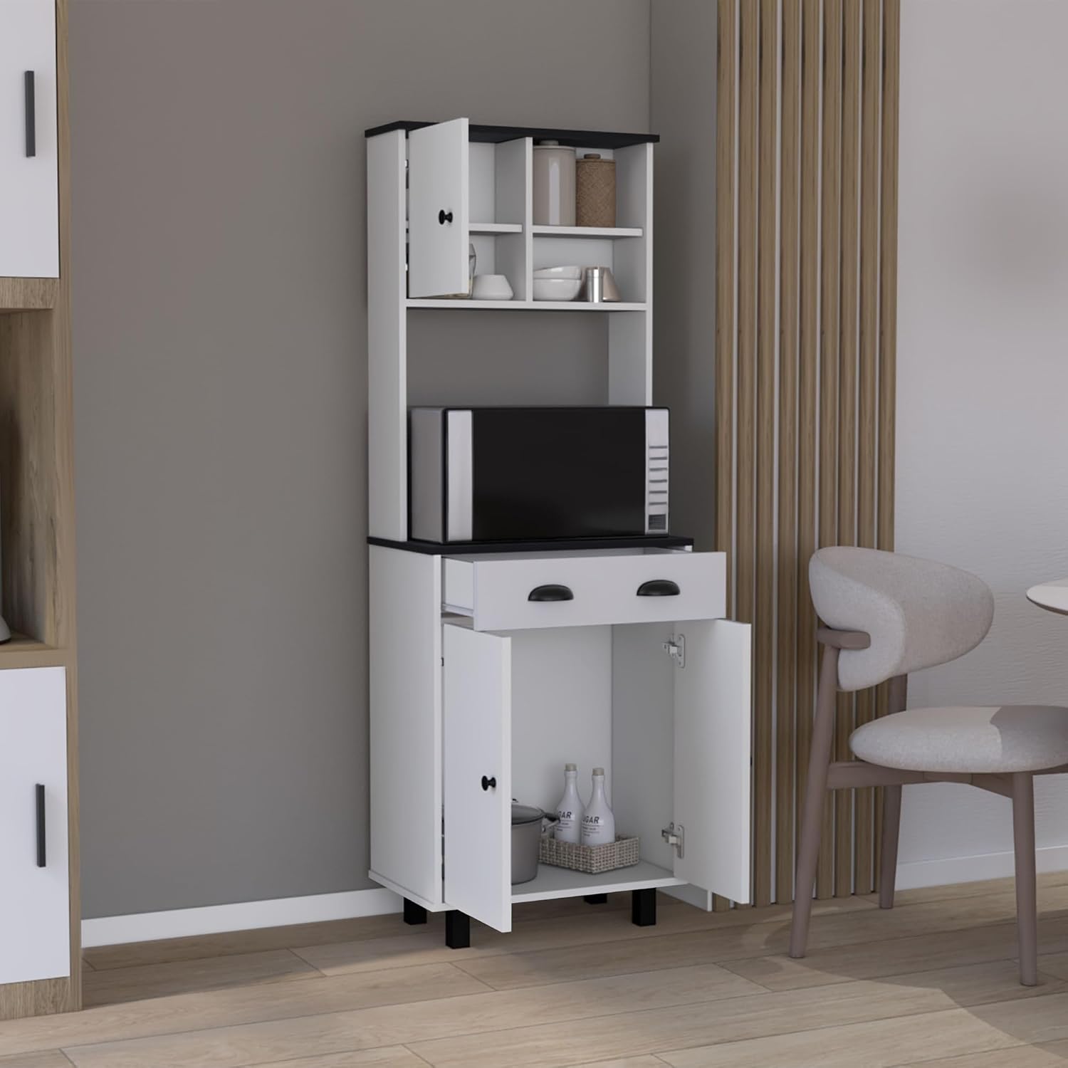 67" H Kitchen Pantry with Two Cabinets, Two Open Shelves, and One Drawer,White,for Kitchen