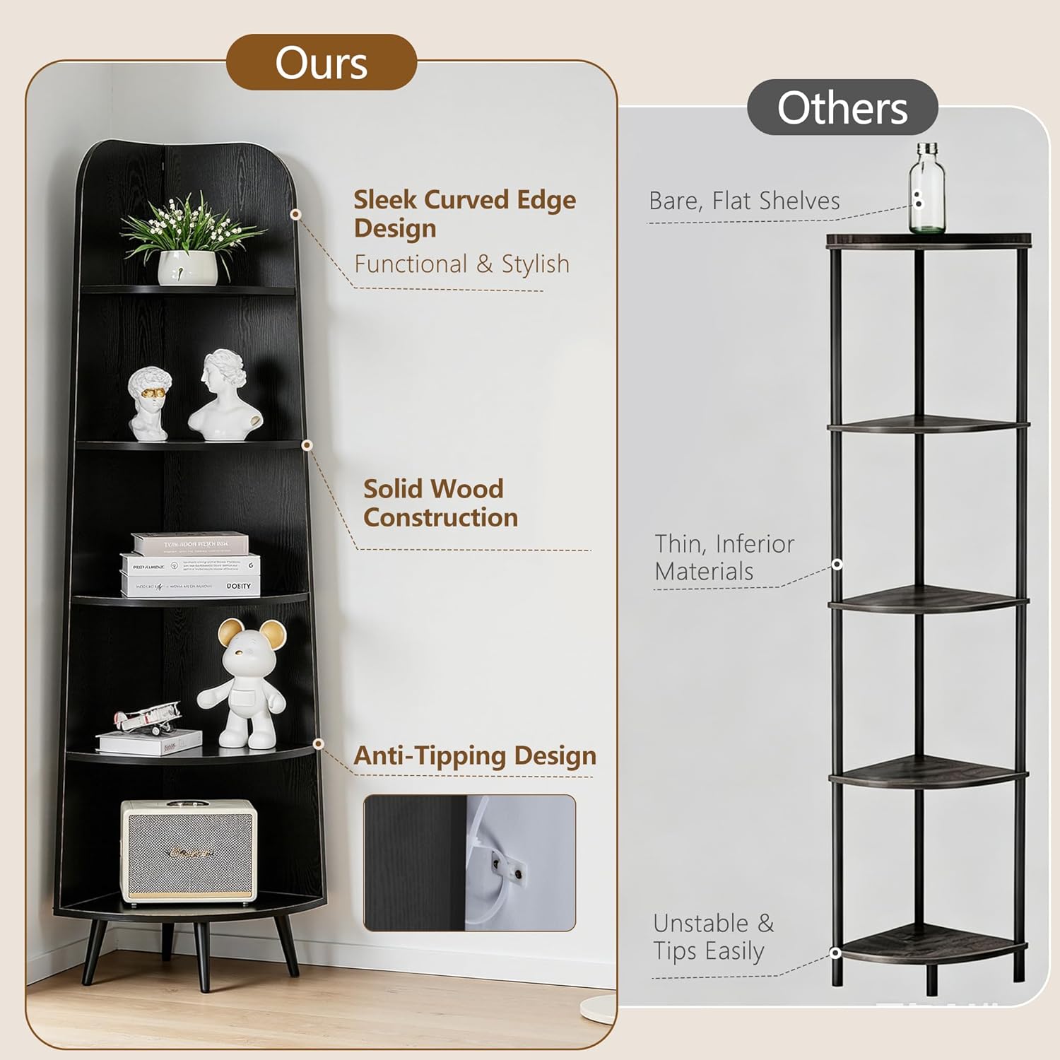 VECELO Large Tall Corner Shelf, 66.93" H 5-Tier Corner Storage Organizer, Freestanding Corner Display Rack for Living Room Bedroom Home Office, Black