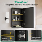TokeShimi 16x24 Recessed Medicine Cabinet with Mirror Surface Mounted, Metal Beveled Mirror with Storage for Bathroom Vanity, Aluminum Black Medicine Cabinet Mirrored