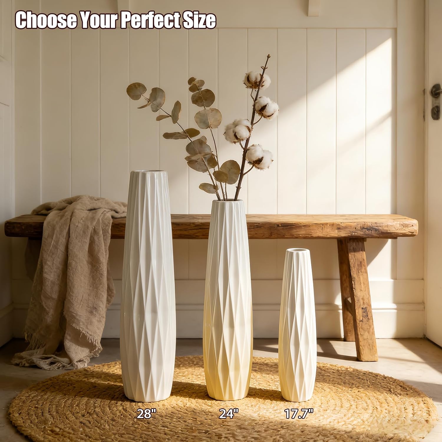 White Tall Ceramic Floor Vase, 17.7 Inch, Ribbed Design, Large Vase | Glossy Glazed Finish, Narrow Corners, Entryway, Bedroom, Compact Spaces