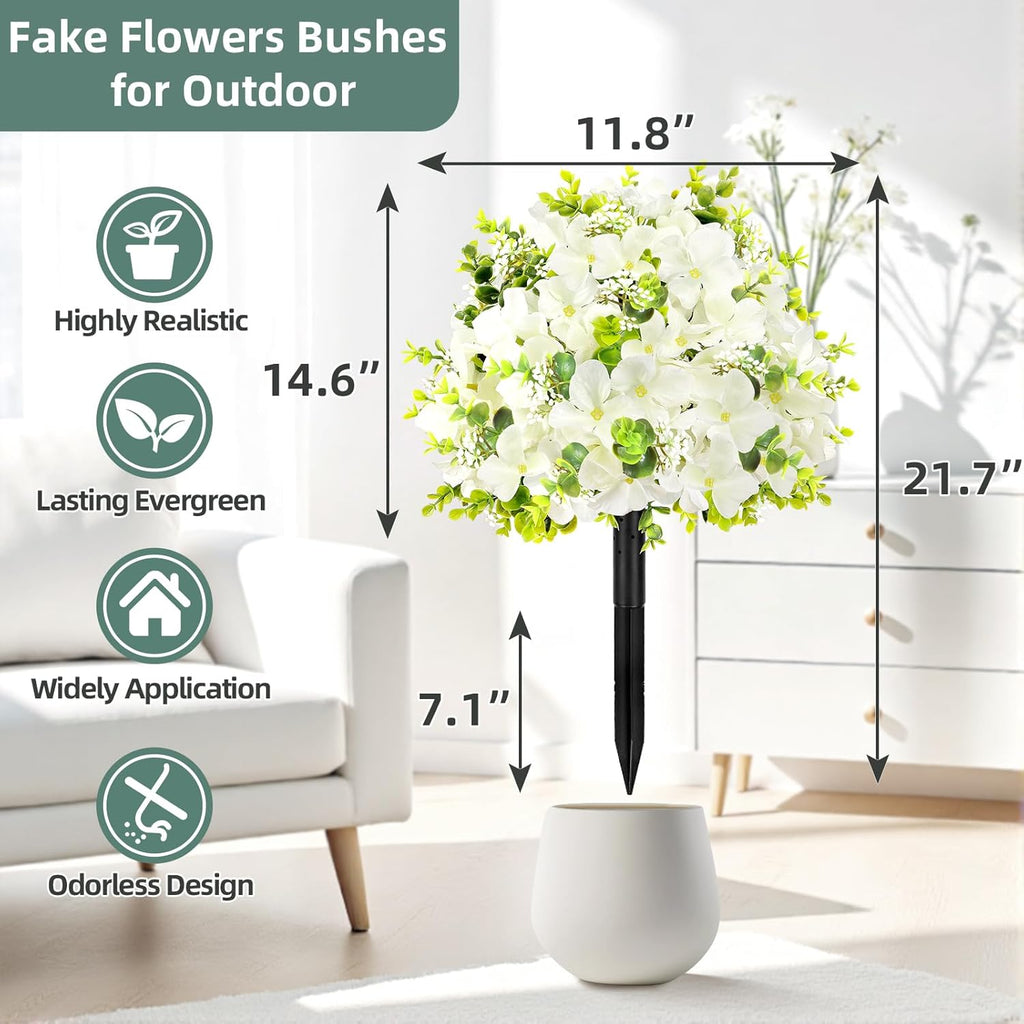 2 Pack Artificial Flowers Topiary Ball Tree, 21.7" Fake Plants with Ground Spike, UV-Resistant Faux Boxwood Shrub, Realistic Evergreen Bushes for Indoor/Outdoor Front Porch & Garden Decor (White)