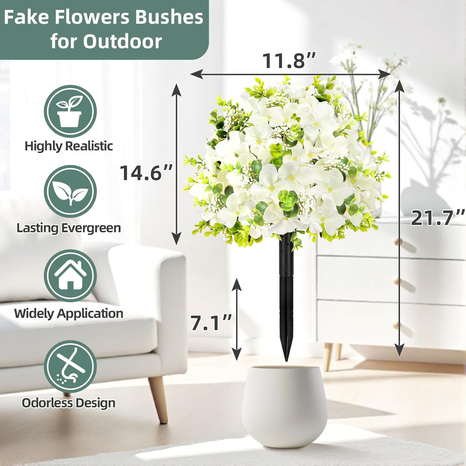 2 Pack Artificial Flowers Topiary Ball Tree, 21.7" Fake Plants with Ground Spike, UV-Resistant Faux Boxwood Shrub, Realistic Evergreen Bushes for Indoor/Outdoor Front Porch & Garden Decor (White)