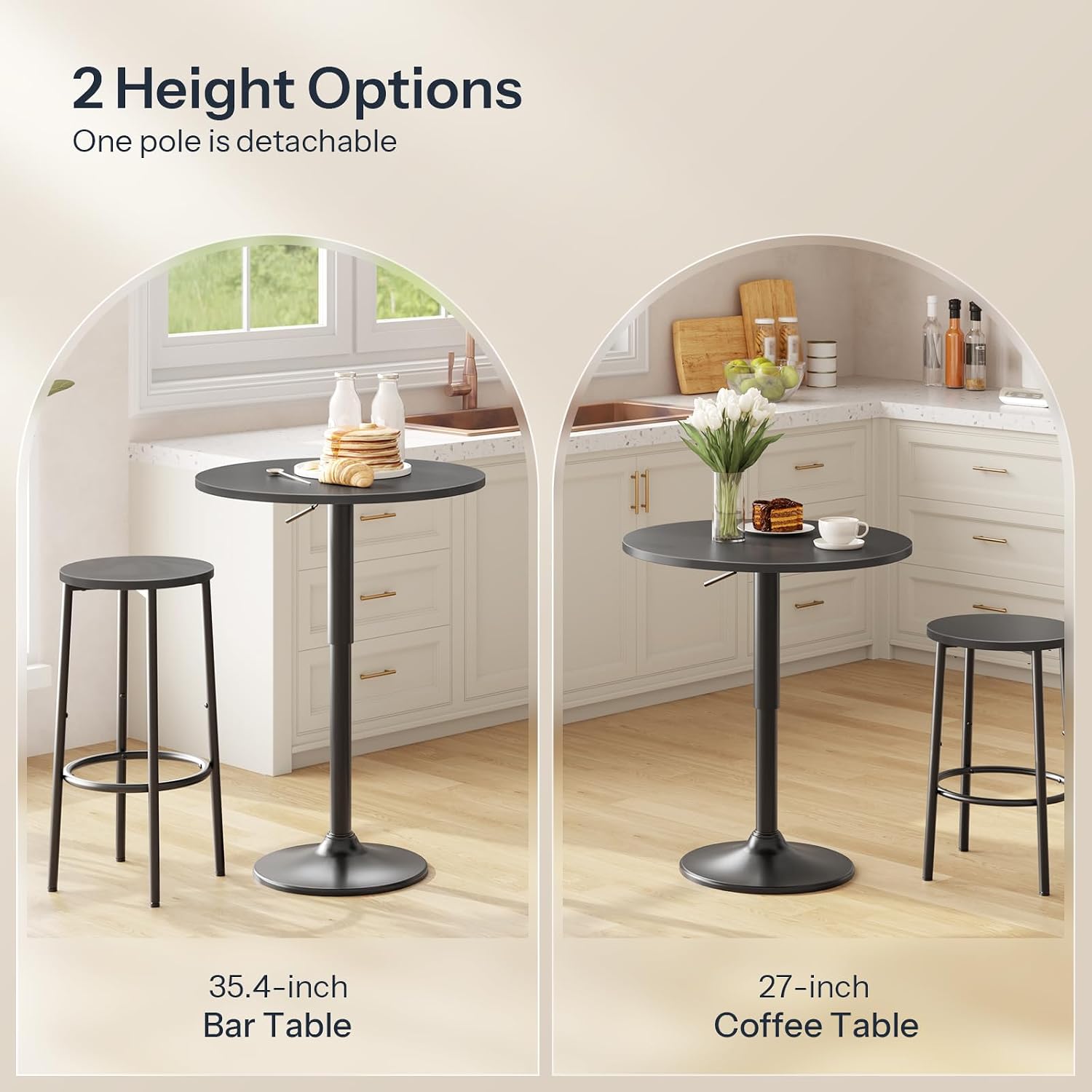 HOOBRO 2 Pcs Bar Table, Height-Adjustable Round Pub Table 27-35.4 Inches with Sturdy Base, Modern Style Bar Table Easy Assembly with Metal Base for Pub, Party and Small Places, Black BK58BTP201G1N1