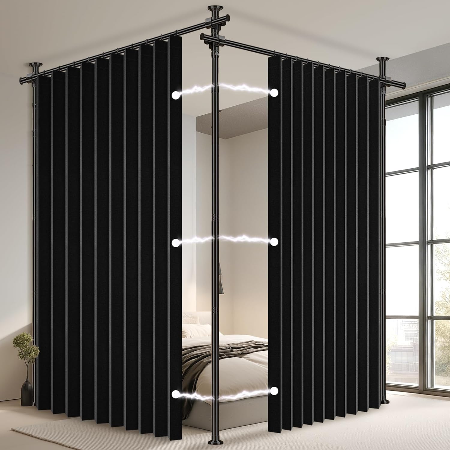 100% Blackout Room Divider Curtains Sets Black 2 Panels W100 x L84in No Drill Curtain Rods(H) 43-120×(W) 35-200 in for Studio Apartment Dorm Office