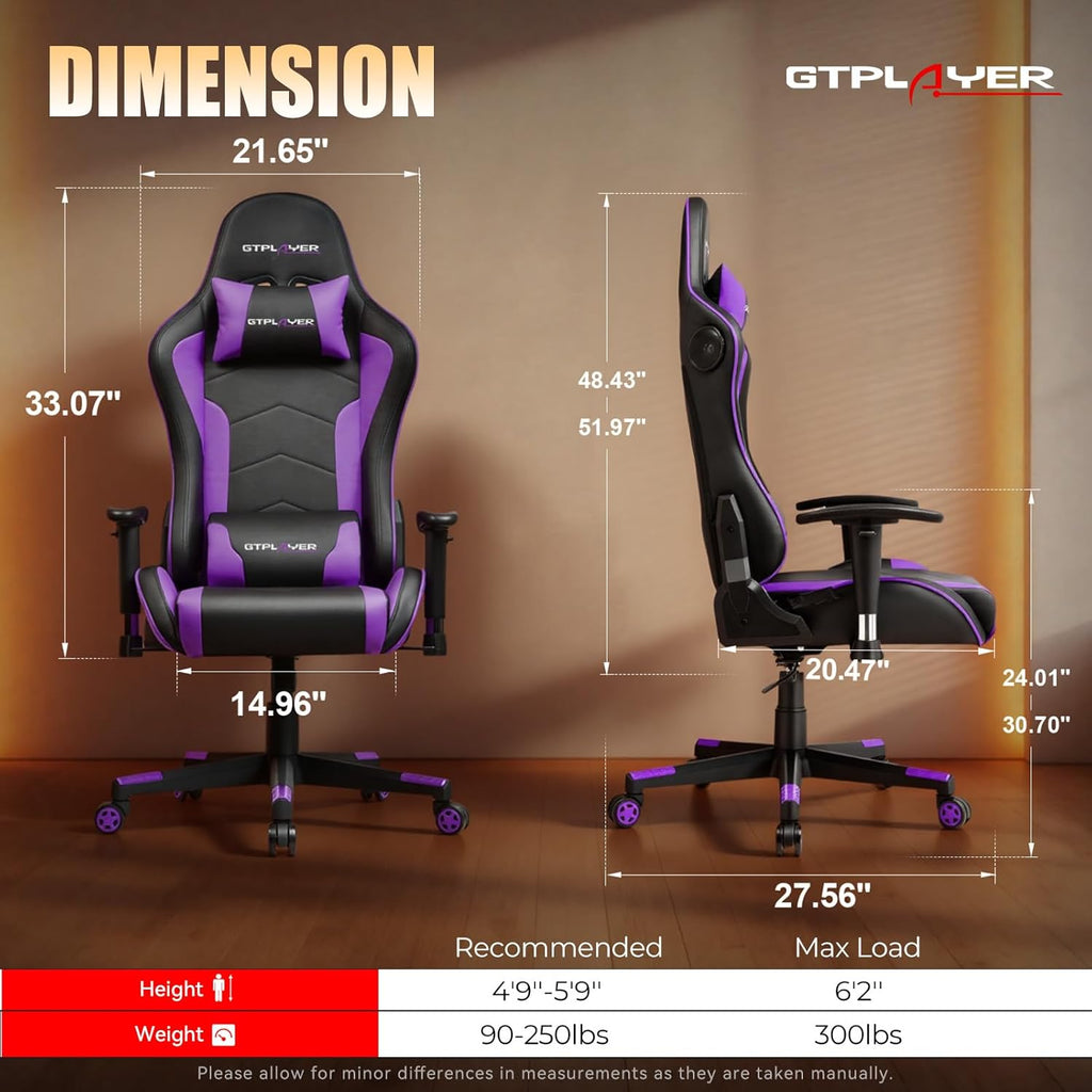 GTPLAYER Gaming Chair with Speakers,Video Game Chair Bluetooth Music with Lumbar Support, Ergonomic Comfortable Office Computer Chair for Adults, Adjustable Reclining Chair, 360° Swivel, Light Purple