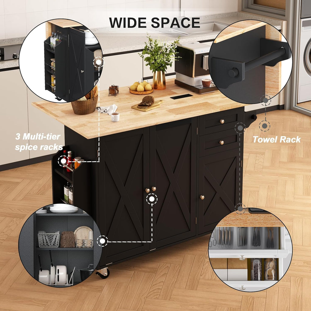 HOMREST 50.4" Kitchen Island with Drop Leaf & Power Outlet, Farmhouse Rolling Island Cart with 3 Spices Shelves on Wheels, Mobil Kitchen Island Table with Rubberwood Countertop Towel Rack, Black