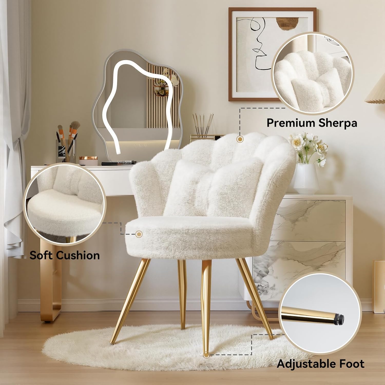 Plush Velvet Sherpa Accent Chair with Gold Metal Legs, Fluffy Vanity Chair for Makeup Room, Upholstered Guest Chair for Living Room, for Bedroom, Cream White