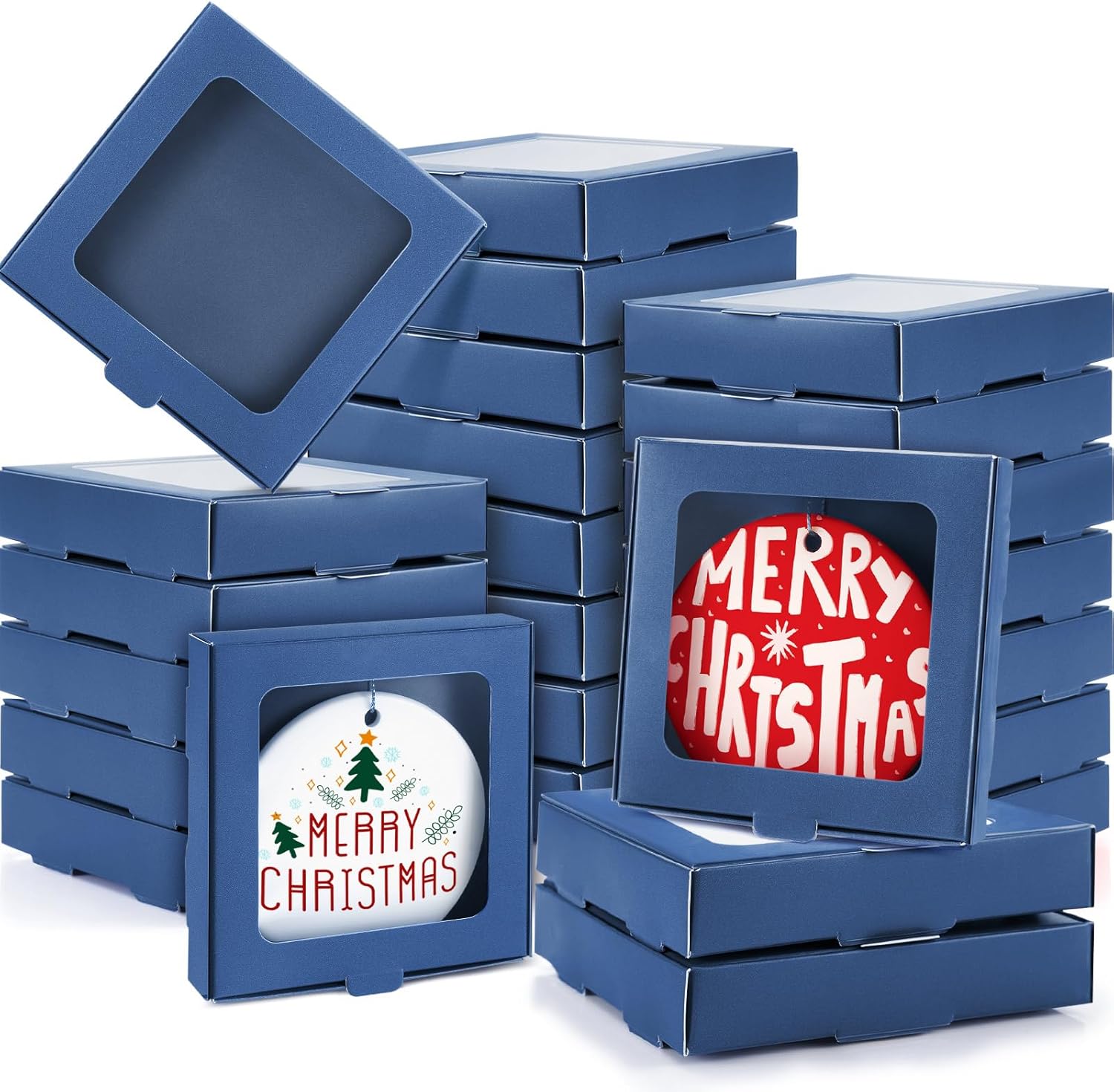 Dunzoom 25 Pcs Sublimation Ornament Blanks Gift Box 3.6"x3.6"x0.7" Christmas Ornaments Holder Ceramic Discs Packaging Box with Window for Personalized Xmas Tree Blanks Bulk (Dark Blue)