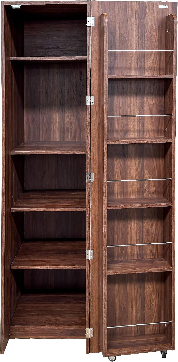 63 " Narrow Kitchen Pantry Storage Cabinet with Shelf & Side Racks (Walnut) | Slim Narrow Cabinet Single Door with Adjustable Shelves, Wheels & Side Racks, Easy Assembly for Kitchen Small Space