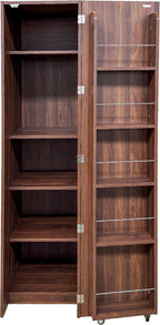 63 " Narrow Kitchen Pantry Storage Cabinet with Shelf & Side Racks (Walnut) | Slim Narrow Cabinet Single Door with Adjustable Shelves, Wheels & Side Racks, Easy Assembly for Kitchen Small Space