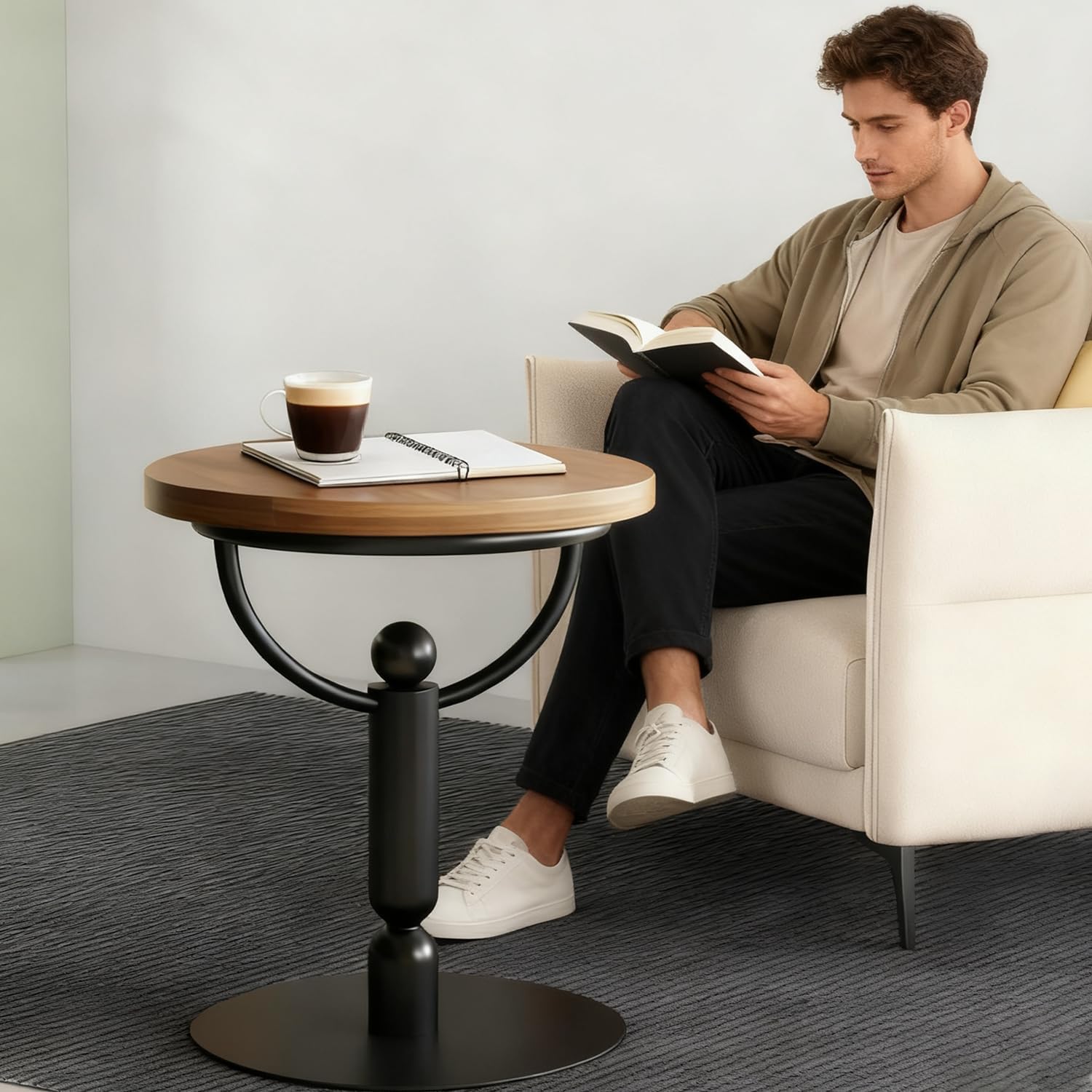YUNMUARY-Modern Side Tables Living Room, Black Round End Table, Mid Century End Tables for Small Space, Metal Bedside Tables, Wooden Couch Side Table, Nightstand for Bedroom, No Assembly Required