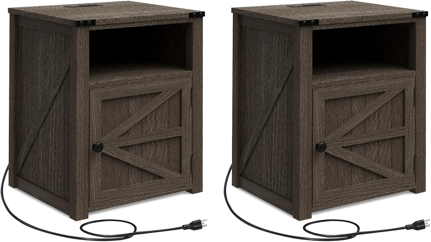 MUUEGM 24" Nightstand with Charging Station, End Table, Side Table with Door for Bedroom, Living Room, Modern Farmhouse Design, Dark Grey Bedside Table with Door Set of 2