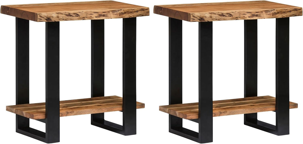 Alaterre Furniture Alpine Live Edge Modern End Table Set of 2-2-Tier Narrow Side Table Set with Open Storage Shelf - Solid Wood and Metal Modern Nightstands for Living Room or Bedroom (Natural)