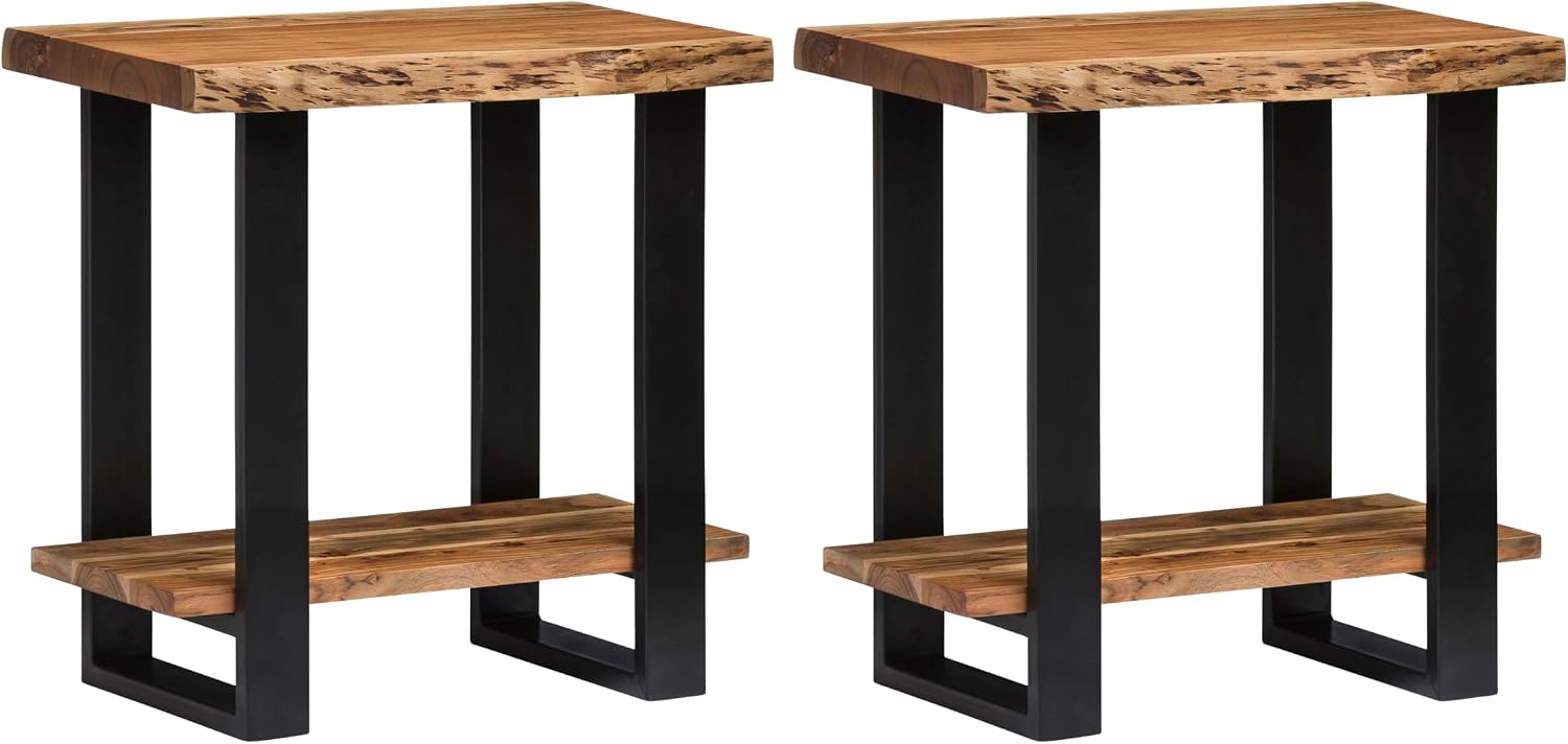 Alaterre Furniture Alpine Live Edge Modern End Table Set of 2-2-Tier Narrow Side Table Set with Open Storage Shelf - Solid Wood and Metal Modern Nightstands for Living Room or Bedroom (Natural)