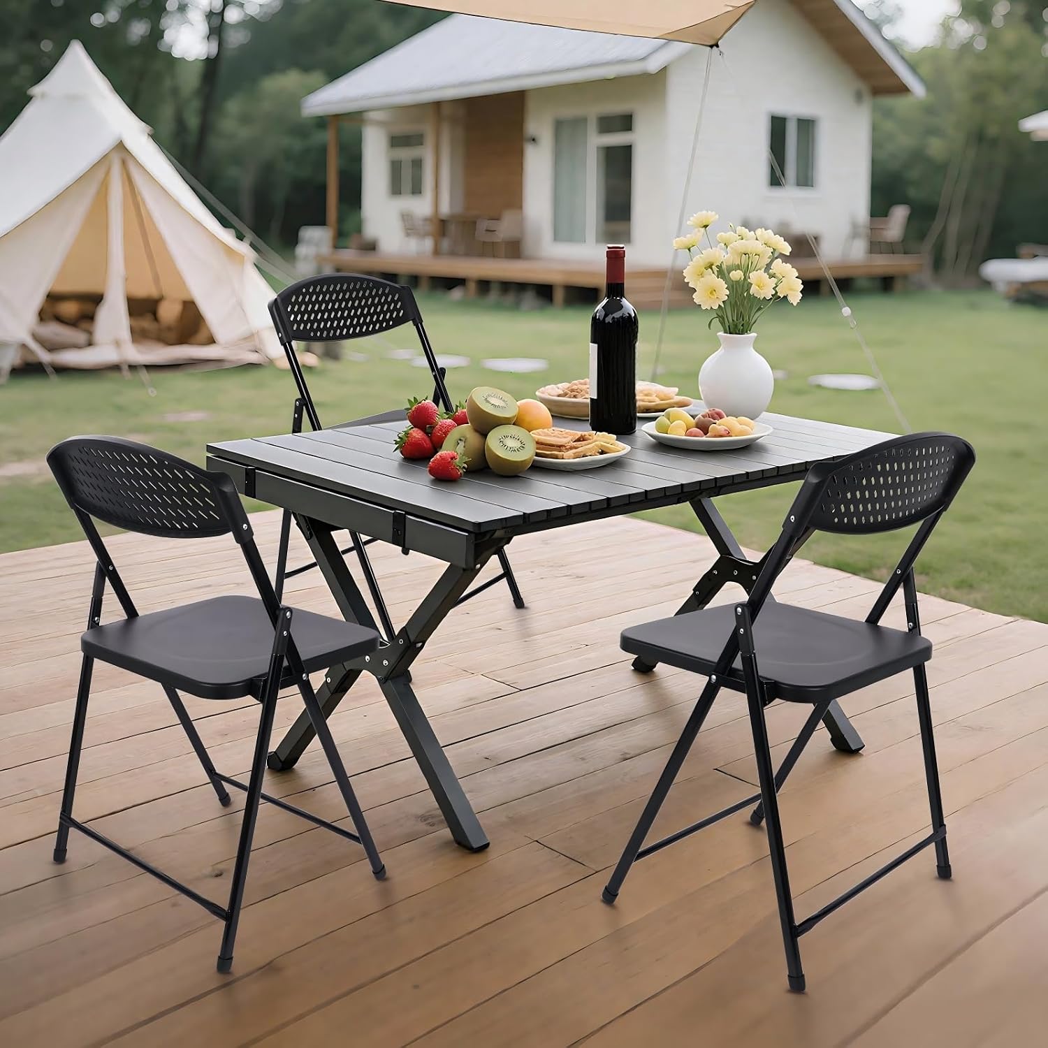 Lightweight Plastic Folding Chair Black Ergonomic Curved backrest with Padded Non-Slip Foot Cover for Indoor and Outdoor use
