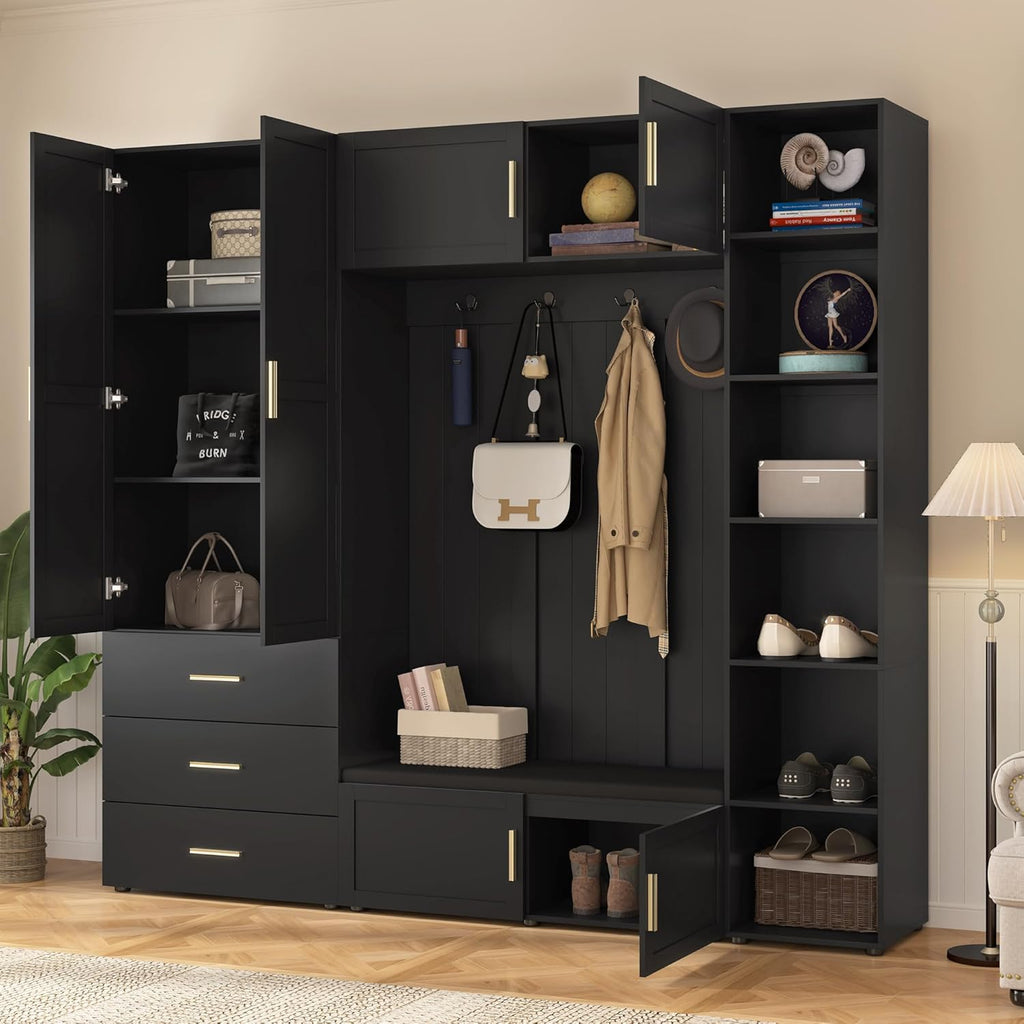 JIJIWANG Wide Hall Tree With Bench and Shoe Storage, 4-In-1 Entryway Bench with 4 Hooks, Storage Drawers and Adjustable Storage Shelves, Entryway Organizer for Mudroom, Hallway, Entrance, Black
