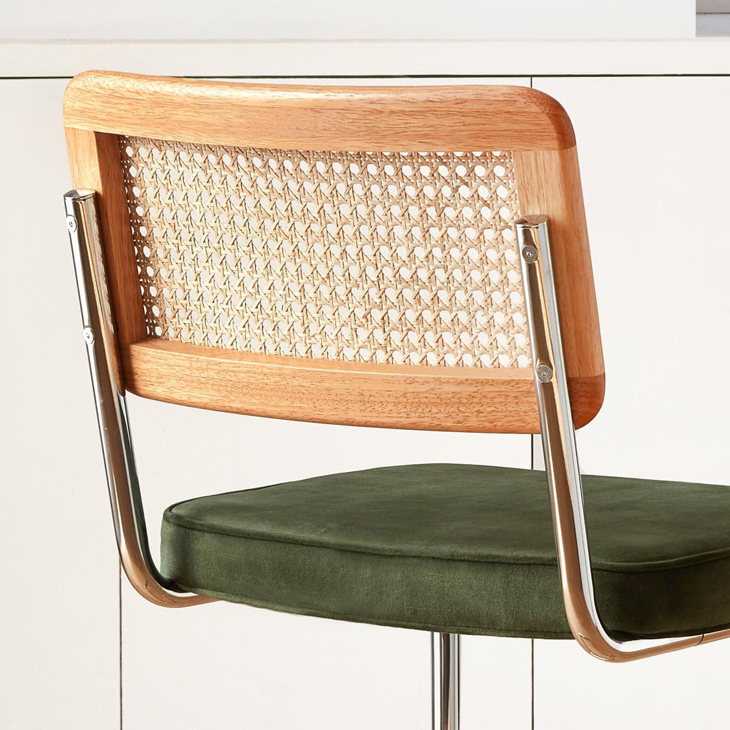 GrandNoor Natural Rattan Bar Stools Set of 2 with Solid Wood Back, 24 Inch Mid Century Modern Counter Height Stools, Green Upholstery Boho Stool for Kitchen Counter with Chrome Metal Legs