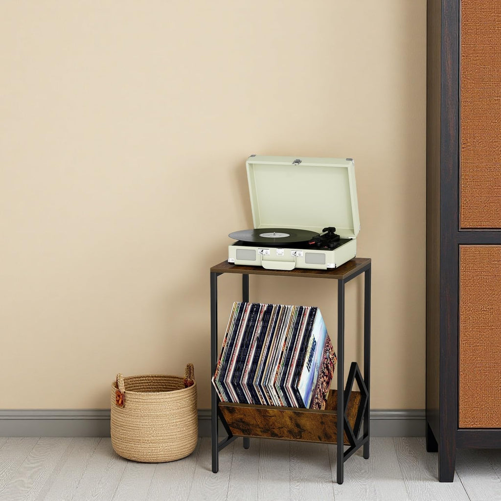 2 Tier End Table, Side Table, Record Player Stand with Storage Up to 100 Albums, Vinyl Record Storage, Turntable Stand for Vinyl, Brown Records Player Table for Living Room Bedroom