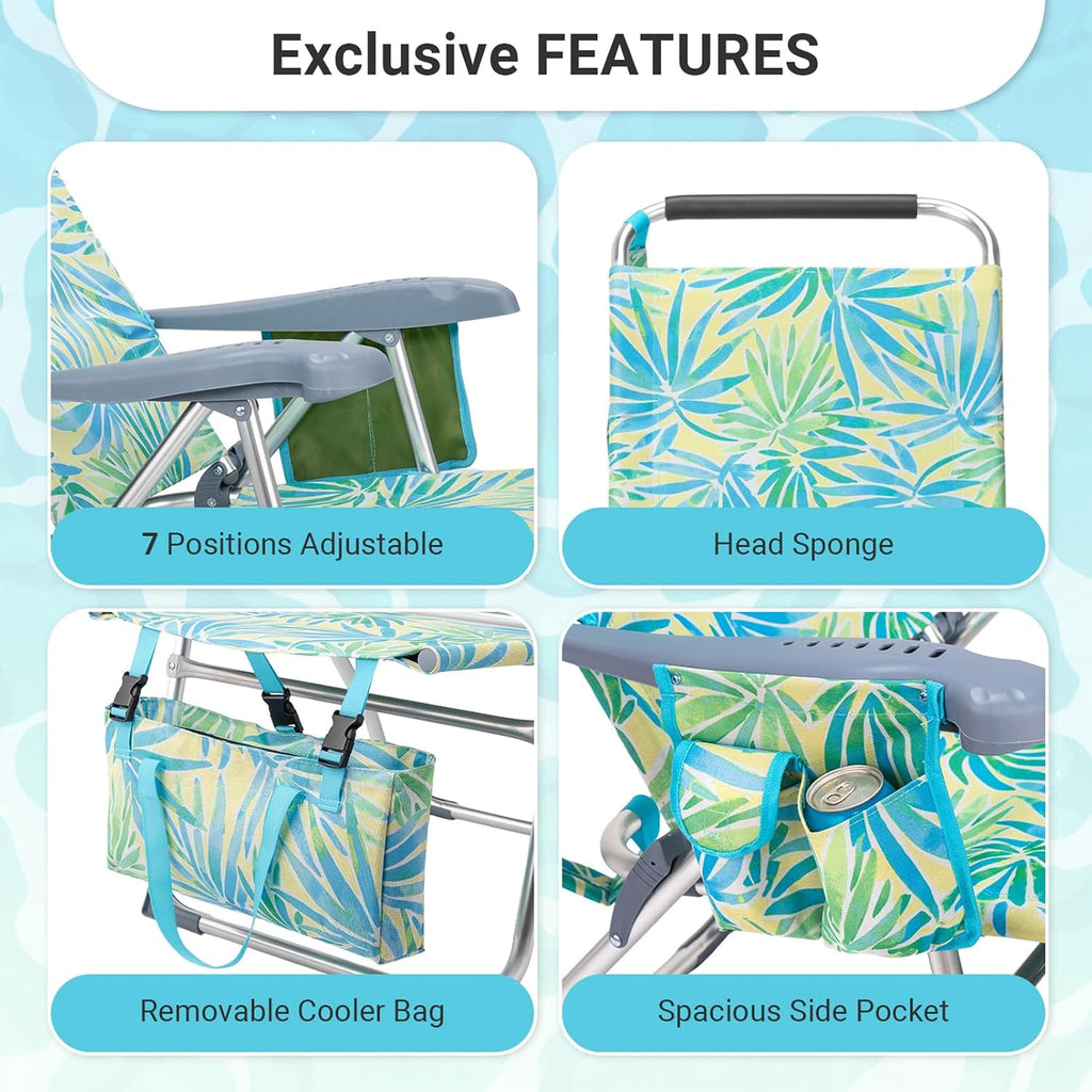 Portable Beach Chair for Adults, Lightweight Folding Lawn Chair with Cup Holder, Headrest, Side Pocket and Bottom Storage Bag, Camping Gear for Picnic Patio Sporting Events, 260 lbs, Green & Blue