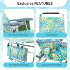Portable Beach Chair for Adults, Lightweight Folding Lawn Chair with Cup Holder, Headrest, Side Pocket and Bottom Storage Bag, Camping Gear for Picnic Patio Sporting Events, 260 lbs, Green & Blue