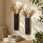 Wood Wall Vase Set of 2, 11.6 x 2.52 x 1.37 inch for Dried Flowers and Faux Greenery Plants for Bathroom,Kitchen,Farmhouse,Dining Room Wall Decor （Black