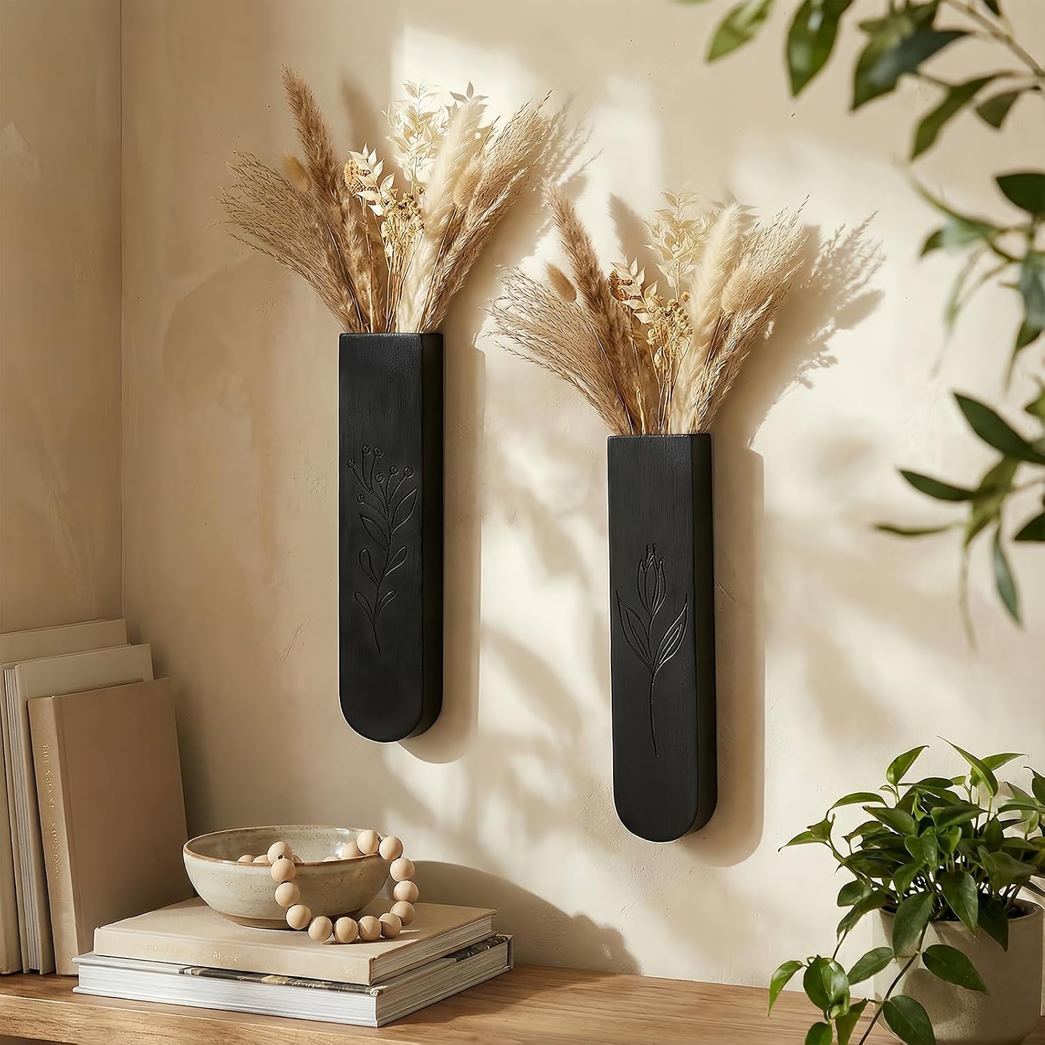 Wood Wall Vase Set of 2, 11.6 x 2.52 x 1.37 inch for Dried Flowers and Faux Greenery Plants for Bathroom,Kitchen,Farmhouse,Dining Room Wall Decor （Black