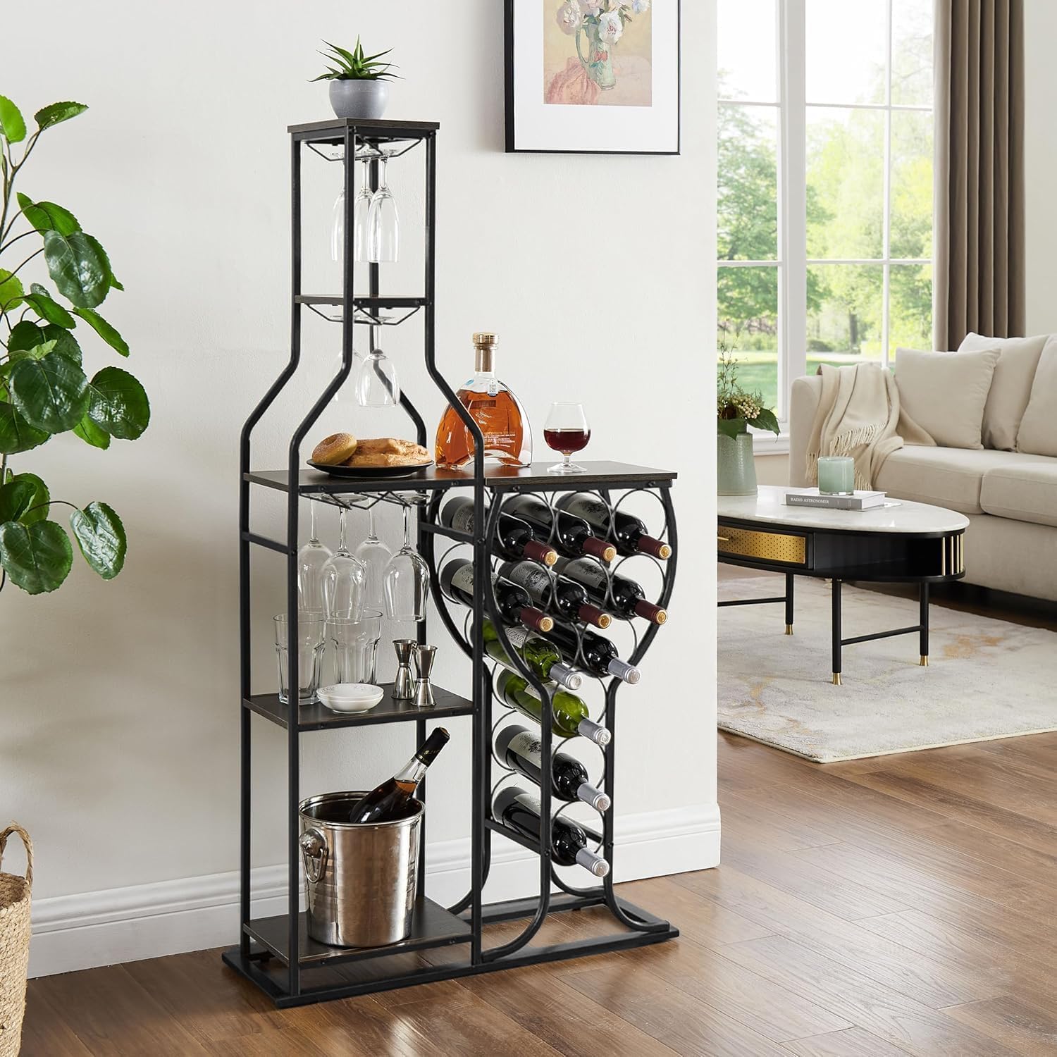 5-Tier Wine Rack Freestanding Floor, 11 Bottles Modern Wooden Wine Holder-Storage Cabinet for Home Bar, Kitchen, Dining Room Space Saving Bar Stand with Easy Assembly. (Black/Gray)