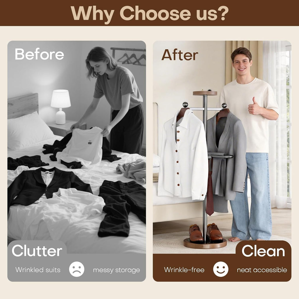Suit Valet Stand with 2 Wooden Hangers & Storage Tray, Stainless Steel Frame, Solid Natural Marble Base, Freestanding Clothing Valet for Men, Bedroom, Office, Entryway (12.6 x 54.33 in)