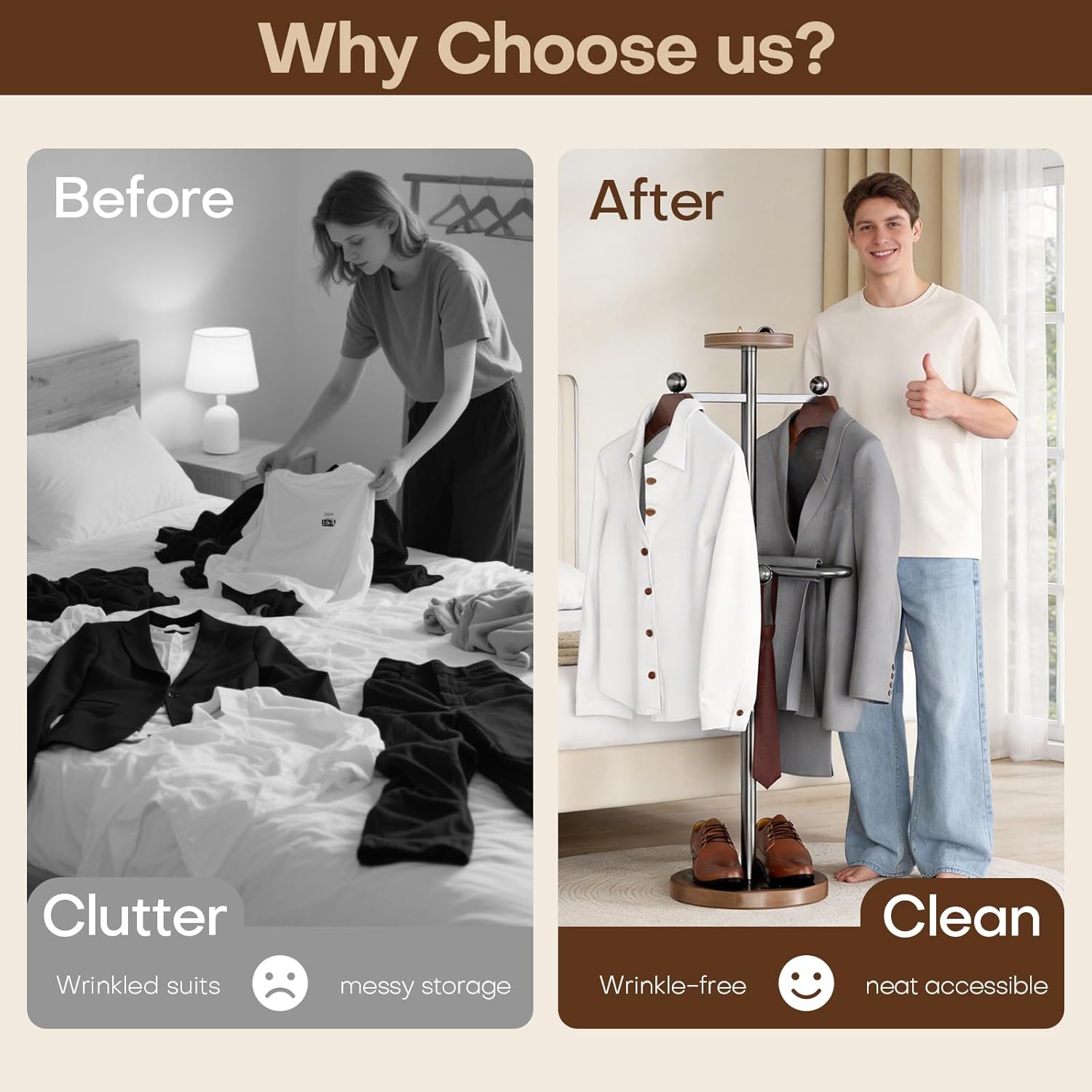 Suit Valet Stand with 2 Wooden Hangers & Storage Tray, Stainless Steel Frame, Solid Natural Marble Base, Freestanding Clothing Valet for Men, Bedroom, Office, Entryway (12.6 x 54.33 in)