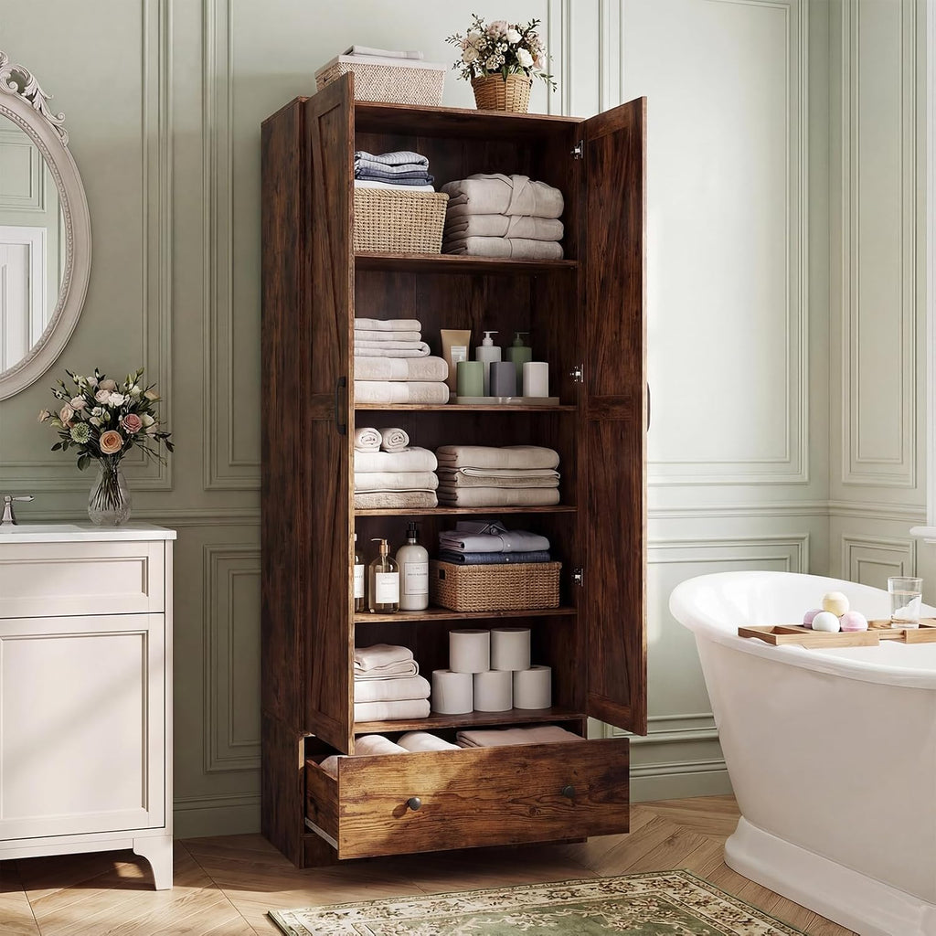 Giantex 72" Tall Kitchen Pantry Cabinet, Farmhouse Wooden Cupboard w/ 2 Doors, Drawer & Adjustable Shelves, Freestanding Versatile Storage Cabinet for Dining Room Living Room Bathroom (Rustic Brown)