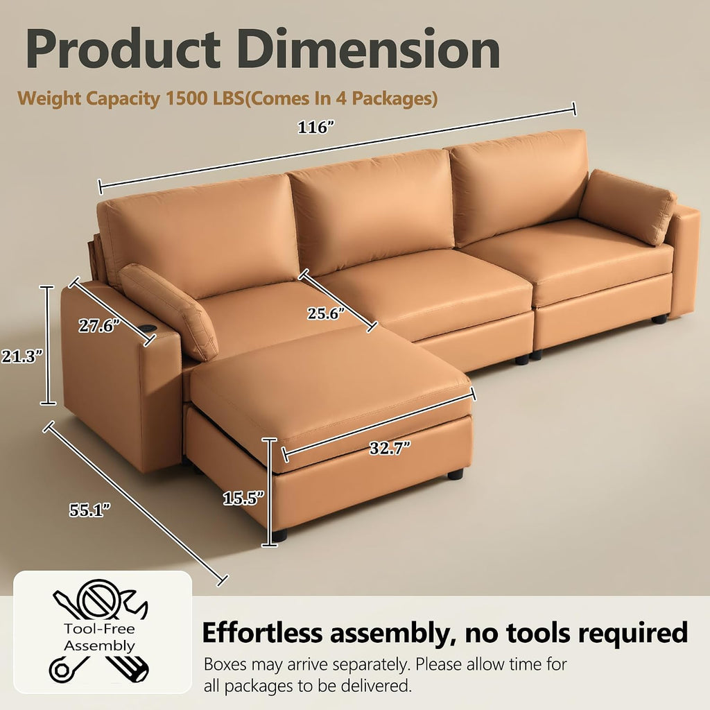 Leather Sectional Sofa, 117" Oversized Modular Sectional Couch, Deep Seat Scratch Resistant Faux Leather Couches, Wide L Shaped Vegan Leather Sofa, (Brown, 3-Seater & Ottoman)