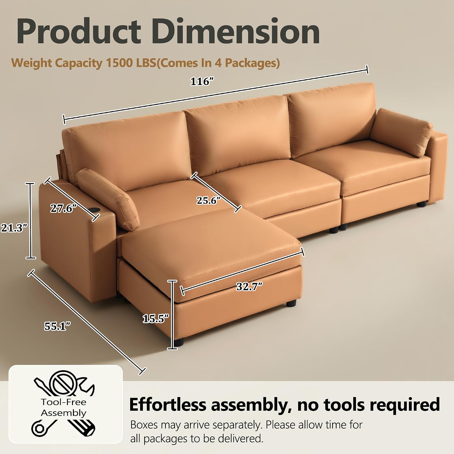 Leather Sectional Sofa, 117" Oversized Modular Sectional Couch, Deep Seat Scratch Resistant Faux Leather Couches, Wide L Shaped Vegan Leather Sofa, (Brown, 3-Seater & Ottoman)
