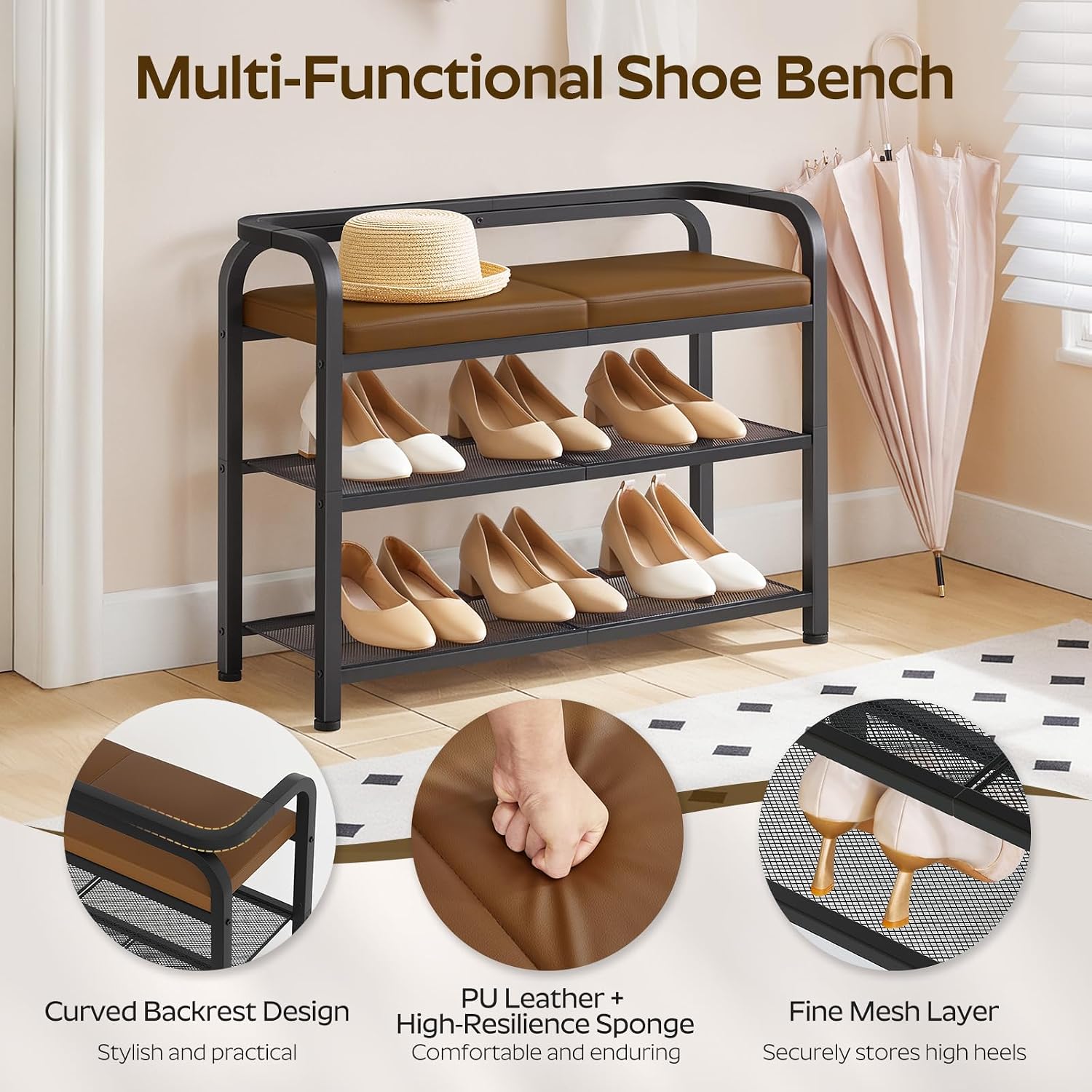 YATINEY Shoe Bench with Backrest, Entryway Bench, 2-Tier Shoe Rack with PU Padded Seat, Upholstered Shoe Storage Bench with Back, for Hallway, Entryway, Foyer, Bedroom, Brown and Black HX04BV