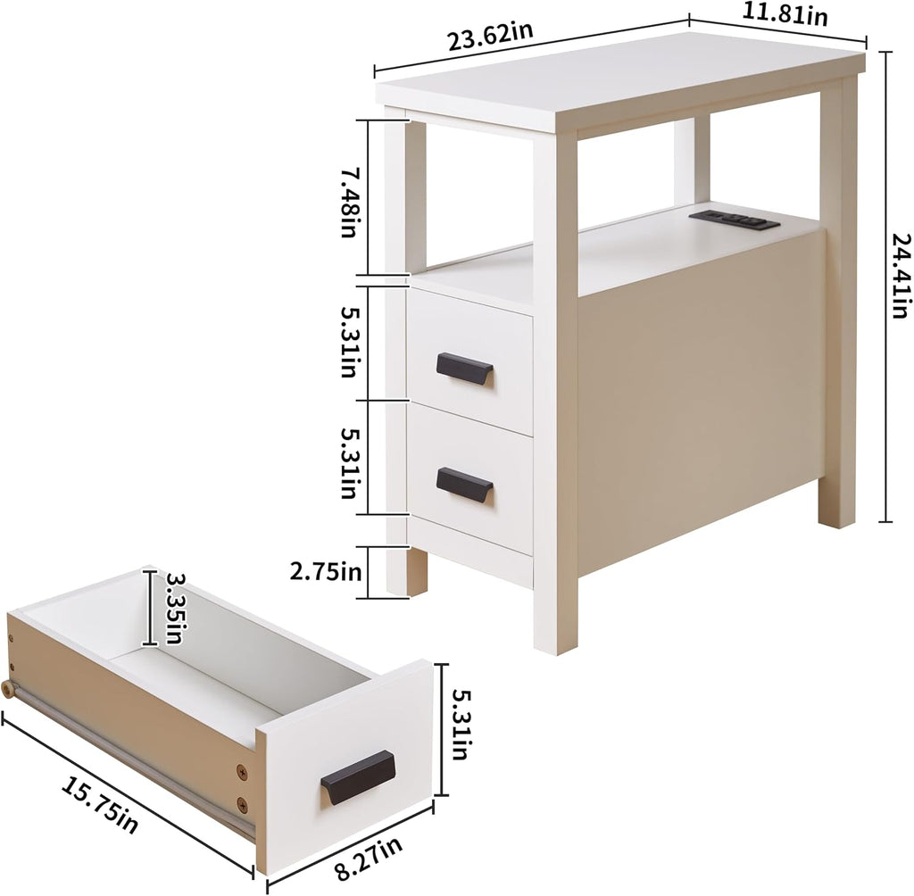 End Table with Charging Station,Narrow Nightstand with 2 Drawers,Sofa Side Table with USB Ports and Outlets,Wooden Bedside Cabinet, Slim Storage Accent Furniture for Bedroom Living Room (White)