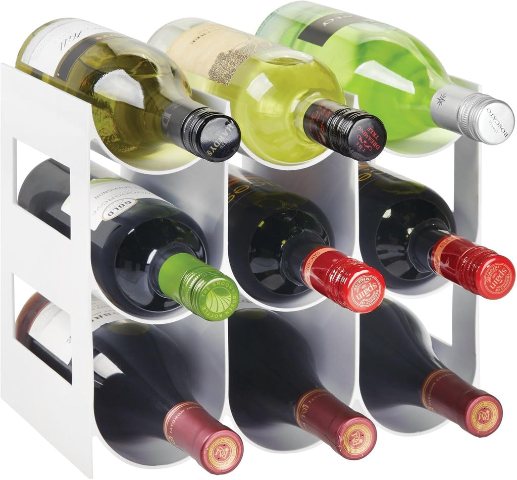 mDesign Plastic Free-Standing Water Bottle Organization/Wine Rack Storage Organizer for Kitchen Countertops, Cabinet, Bin, Pantry, Fridge, Refrigerator, 3 Tiers, 9 Bottles, Lumiere Collection - White