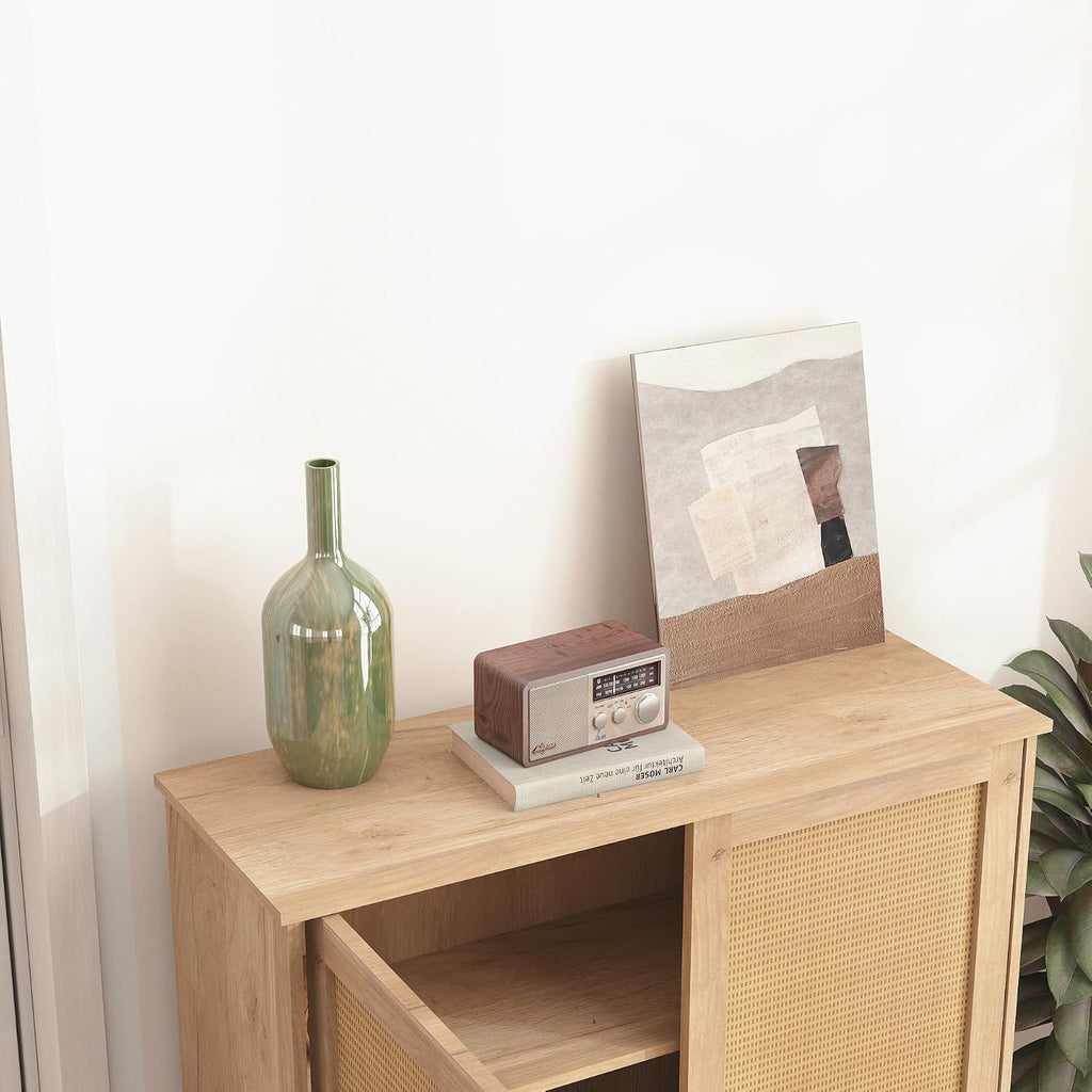 CIATRE Mid-Century Modern Natural Storage Cabinet with Woven Rattan Doors & Adjustable Shelves - Ideal for Living & Dining Room Decor & Organization