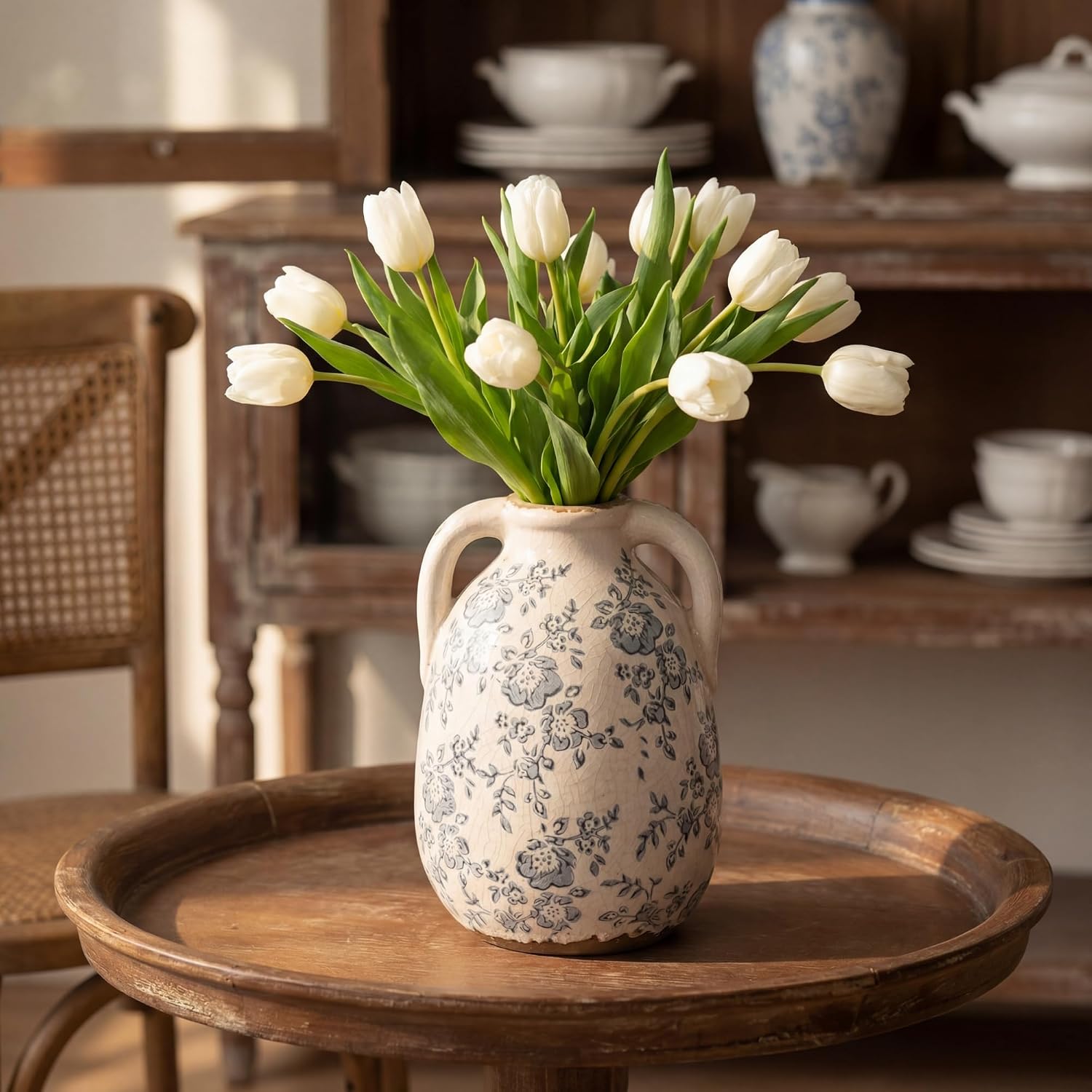Ronasip Vintage Chinoiserie Blue and White Ceramic Vases Decor 7” Retro Ice Crackle Hand-Painted Peony Ceramic Pitcher Antique Style Home Decor (7.5 Inch Blue and White)