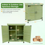 Outdoor Garden Storage Cabinet with Potting Bench, Wood Cabinet with Metal Top, Planting Workstation Table for Patio, Backyard and Garden Tools (Green)