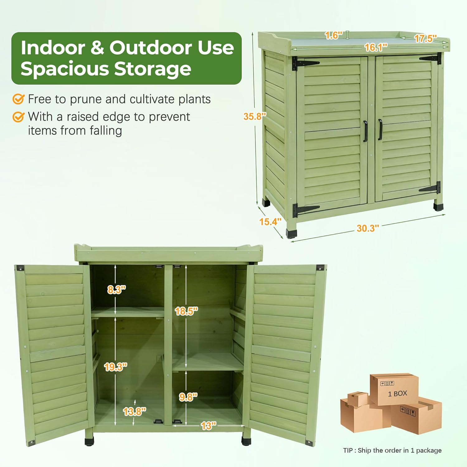 Outdoor Garden Storage Cabinet with Potting Bench, Wood Cabinet with Metal Top, Planting Workstation Table for Patio, Backyard and Garden Tools (Green)